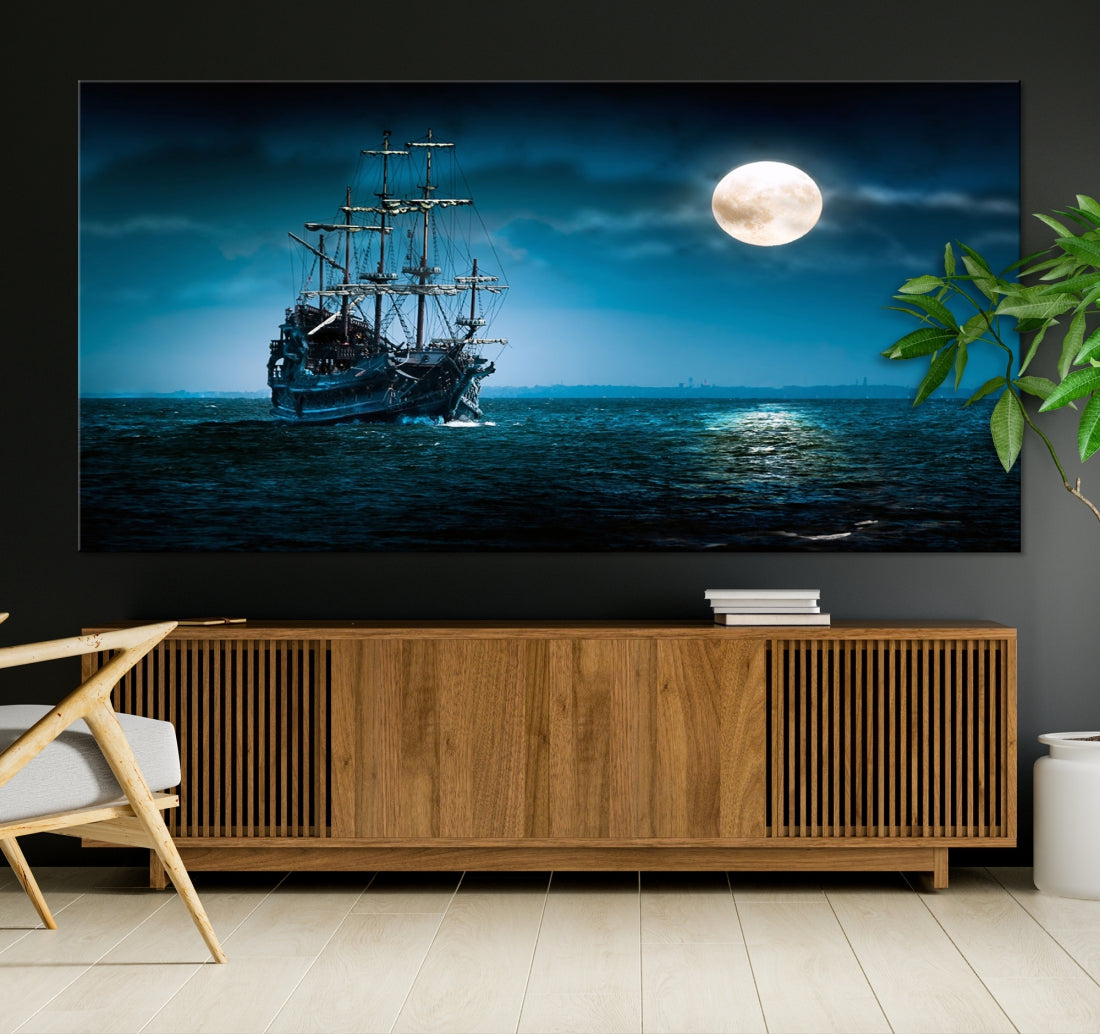 Moon and Ship in Ocean at Night Large Wall Art Canvas Print