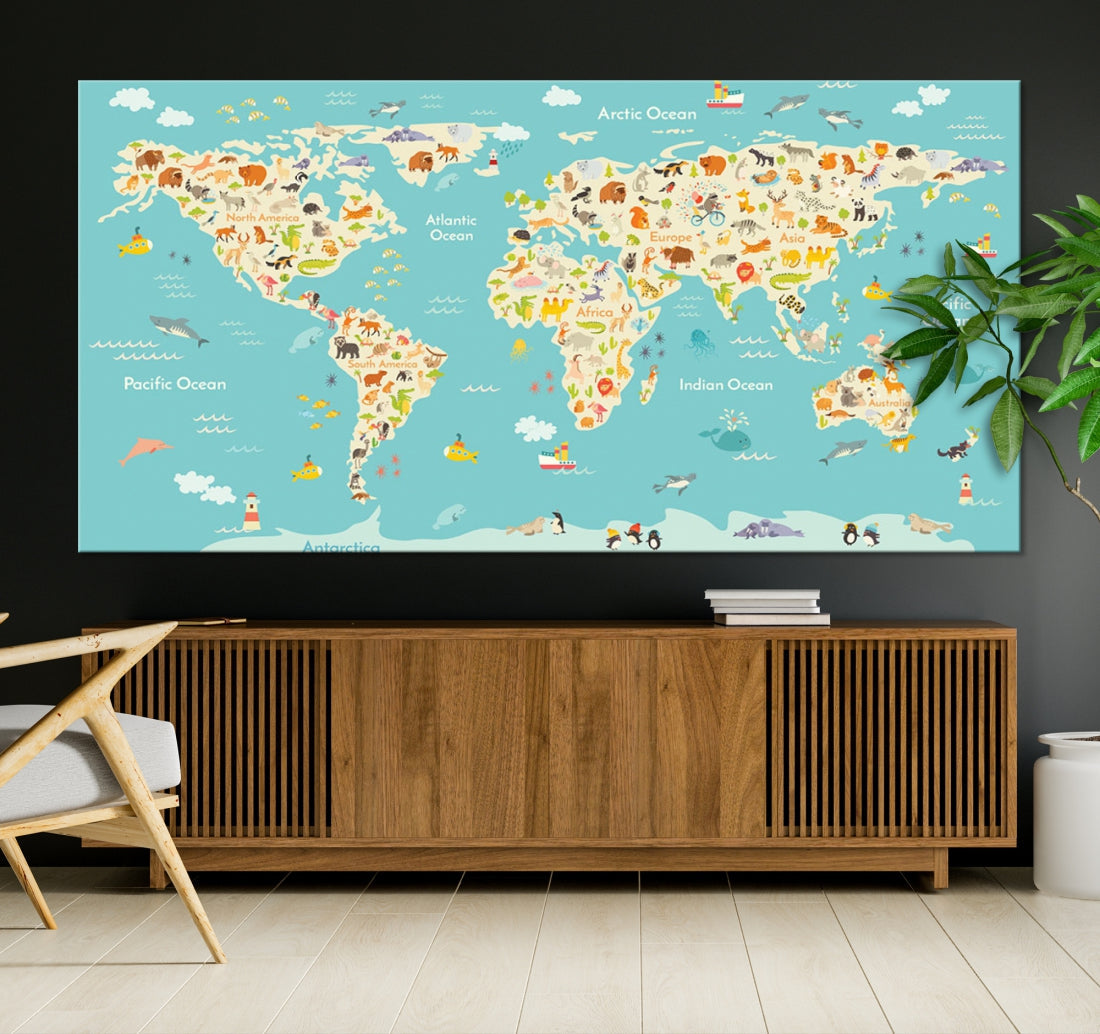 Extra Large Animal World Map Wall Art Canvas Print Educational Map for Kids