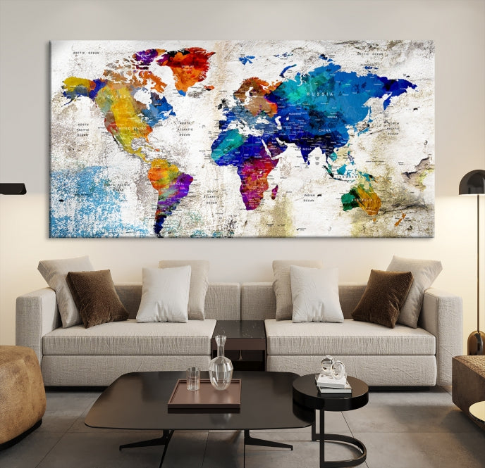 Rainbow Color Detailed Push Pin World Map Canvas Print Extra Large Wall Art
