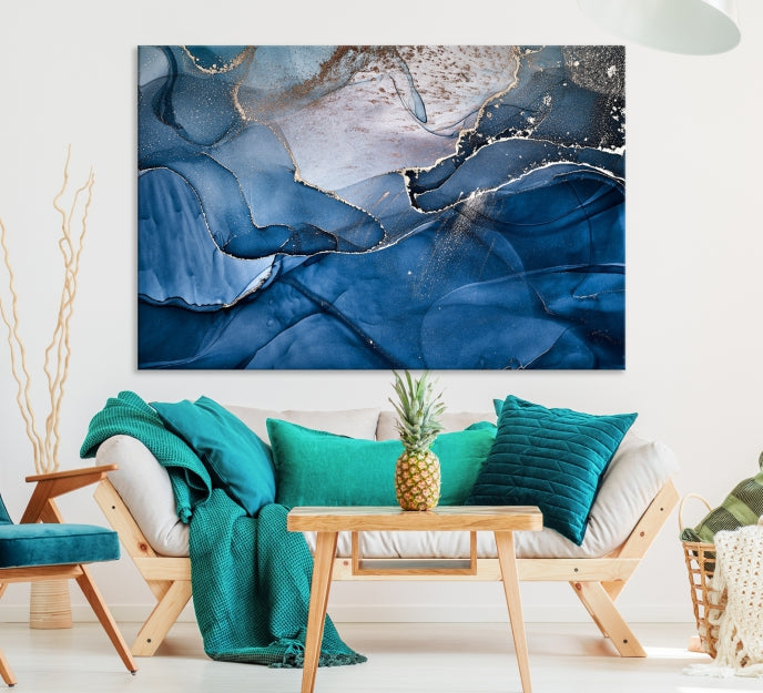 Add a Touch of Elegance to Your Art Collection with Our Navy Blue Abstract Marble Canvas Print with Fluid Effect