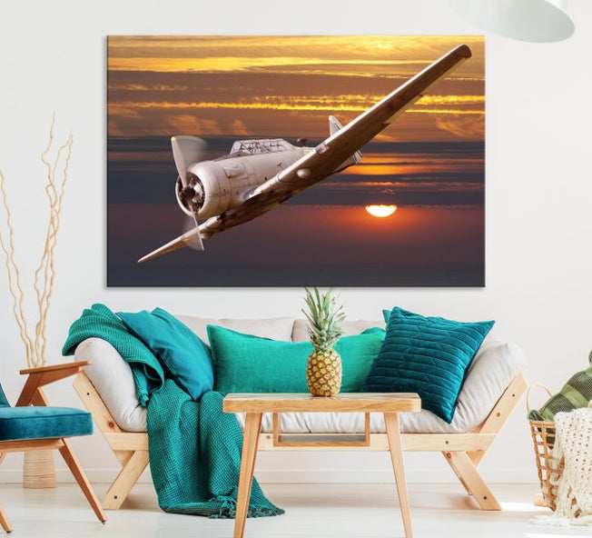 Large Aviation Wall Art Airplane on Sunset Canvas Print