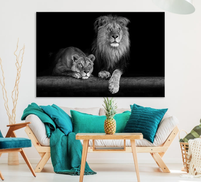 Large Black and White Lion Couple Wall Art Canvas Print
