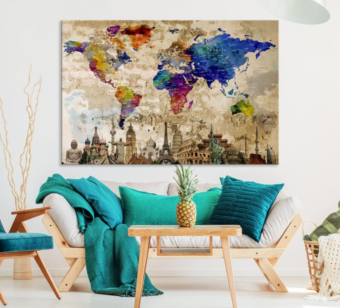 Modern Travel World Map Canvas Print Wall ArtA Stylish & Informative Piece