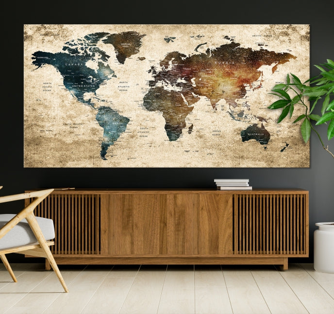 Large Push Pin Detailed World Map Wall Art Travel Map Canvas Print for Living Room
