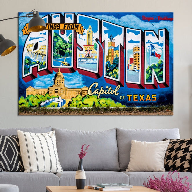 Austin City Sign Greetings from Austin Large Wall Art Canvas Print