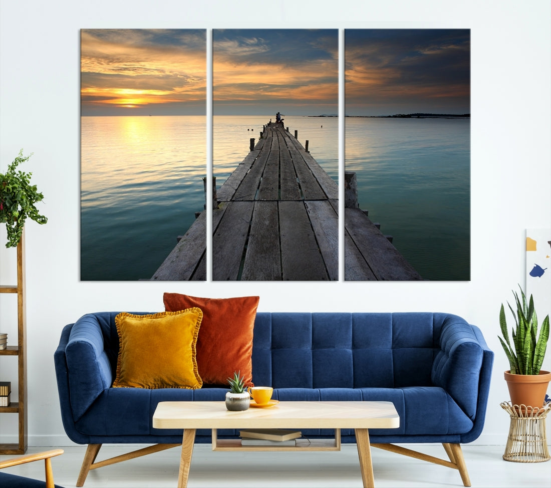 Large Wall Art Canvas Wooden Pier on Glassy Sea at Sunset