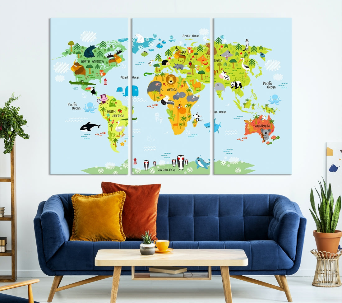 Colorful Animal World Map Canvas Print For Kids Room Large Wall Art Print