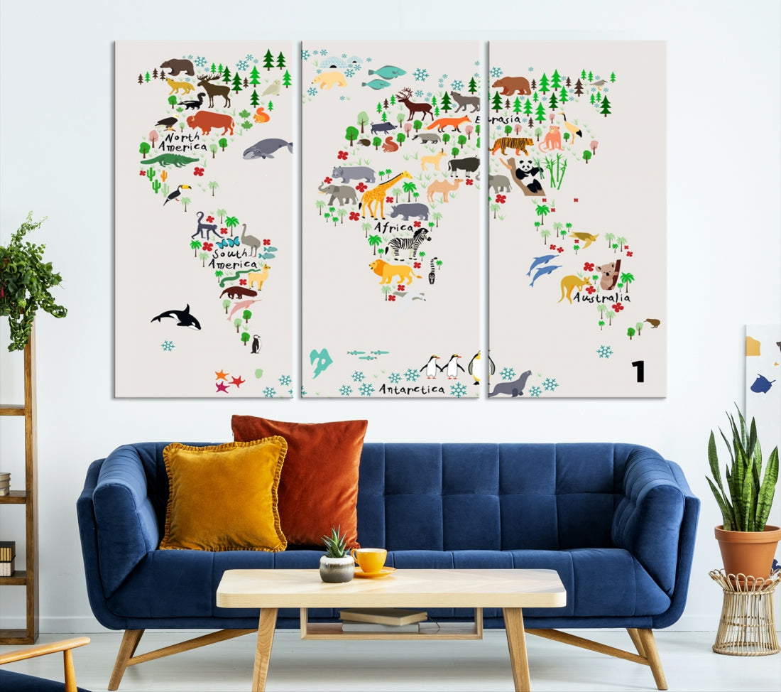 Educational Animal World Map Canvas Print Large Wall Art Giclee Printing for Kids Room Decor