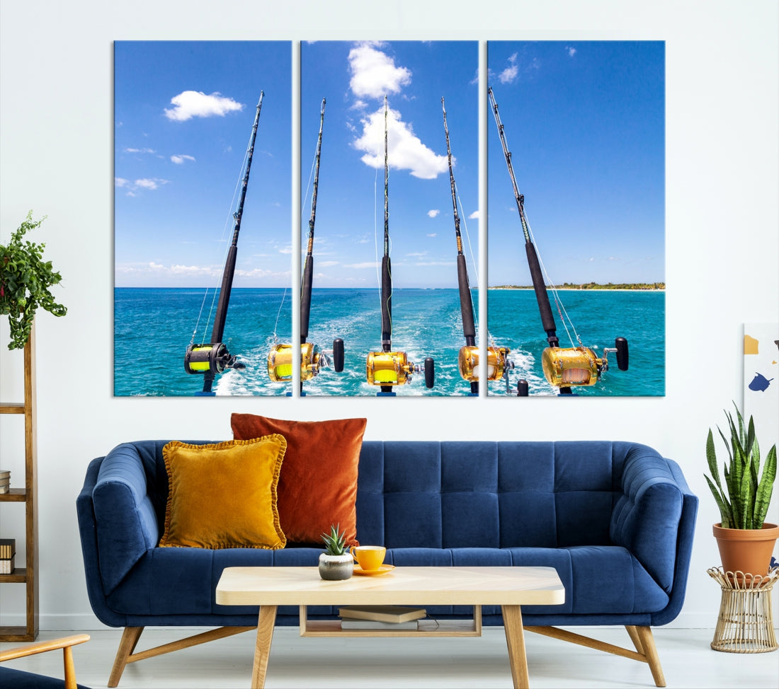 Fishing Rods on Boat Nautical Ocean Canvas Wall Art Print Seascape Art Print