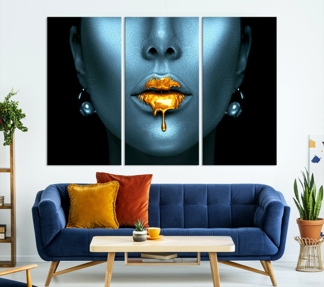 Glitter Lips Fashion Wall Art Canvas Print Makeup Gold Lips Sensual Bedroom Decor