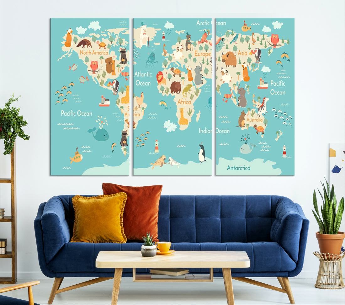 Extra Large World Map with Animals Art Print Kids Room Nursery Canvas Decor