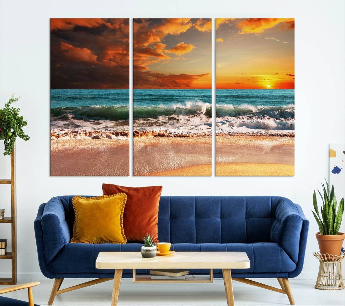 Thrilling Red Sunset Ocean Wave Beach Wall Art Canvas Print Coastal Printing