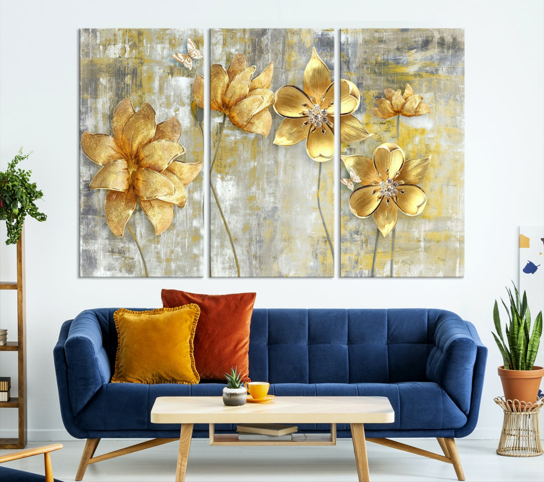 Large Golden Flowers Painting on Original Canvas Print Framed Wall Art