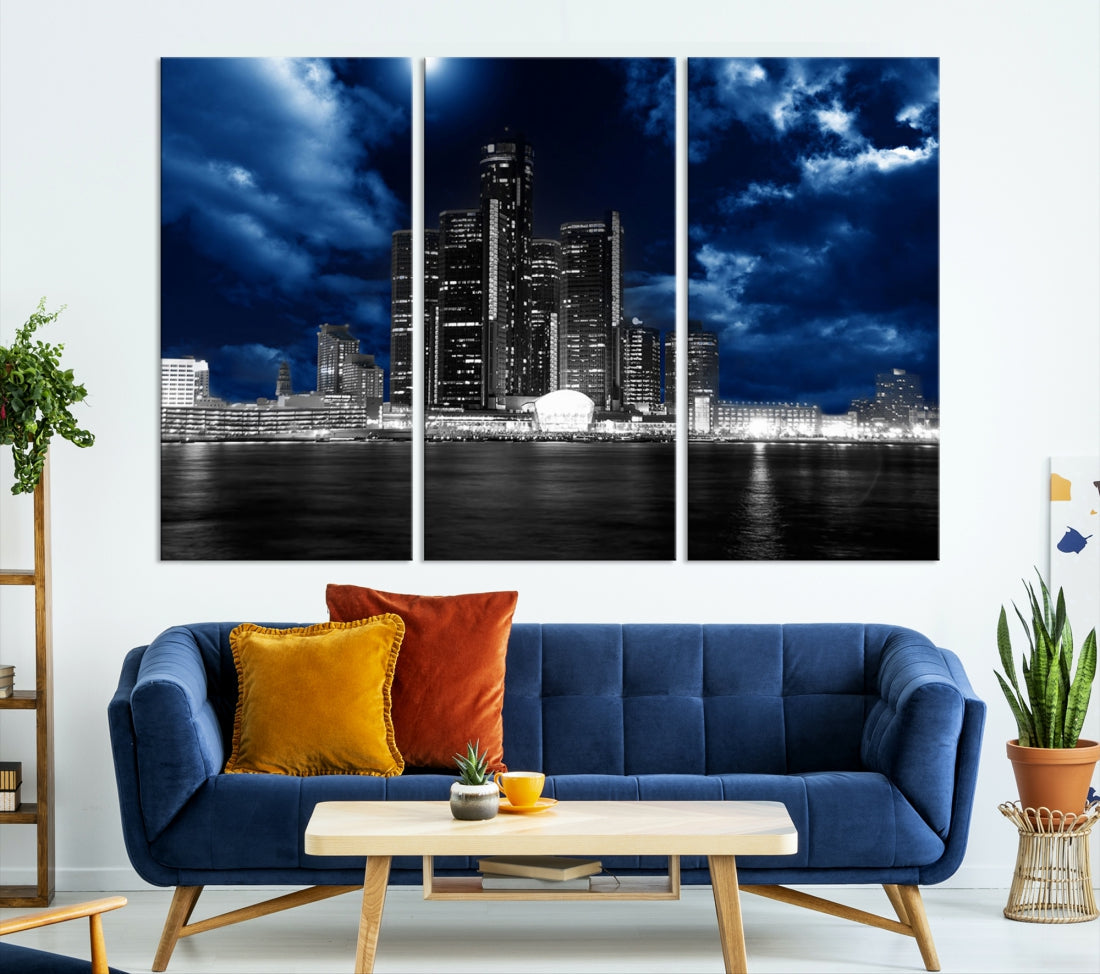 Detroit Skyline Stormy Night Blue Weather Cityscape Wall Art Canvas Print