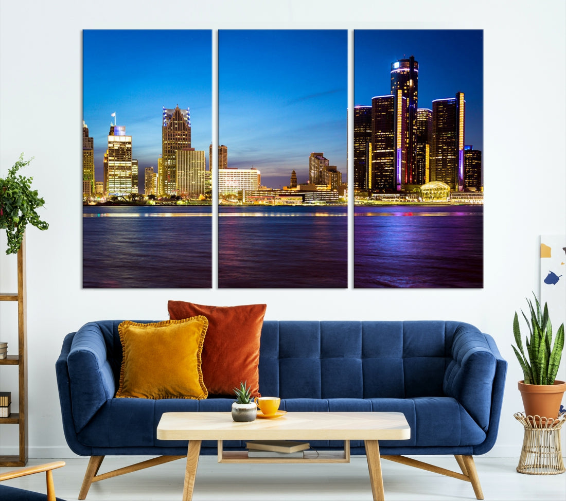 Extra Large Detroit Downtown Night Blue Skyline Canvas Wall Art Cityscape Print