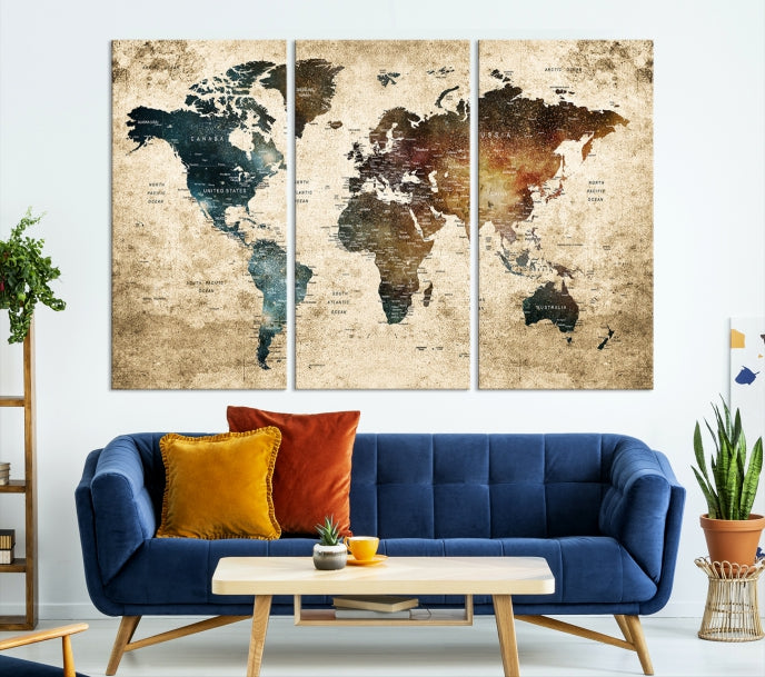 Large Push Pin Detailed World Map Wall Art Travel Map Canvas Print for Living Room