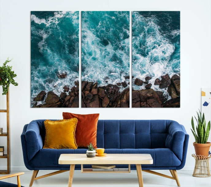Ravishing Aerial Ocean Waves on Beach Large Wall Art Canvas Print