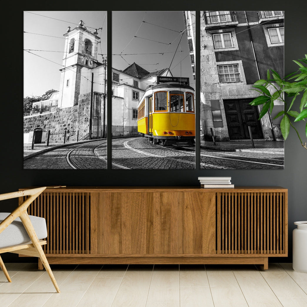 Iconic Yellow Lisbon Tram Canvas Wall Art Black and White Modern Home Decor High Quality Tram Trolley Canvas Art