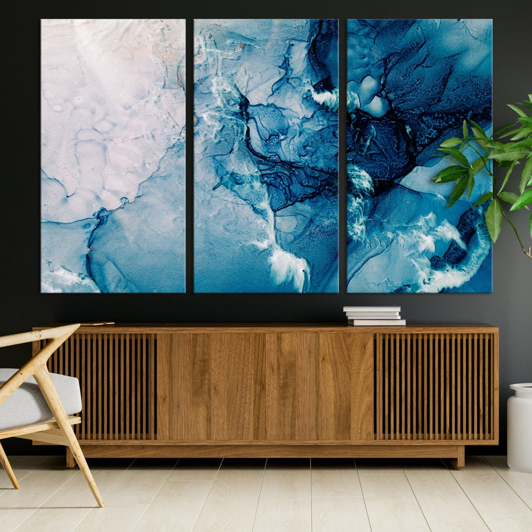 Large Blue Fluid Effect Abstract Marble Canvas Wall Art Print
