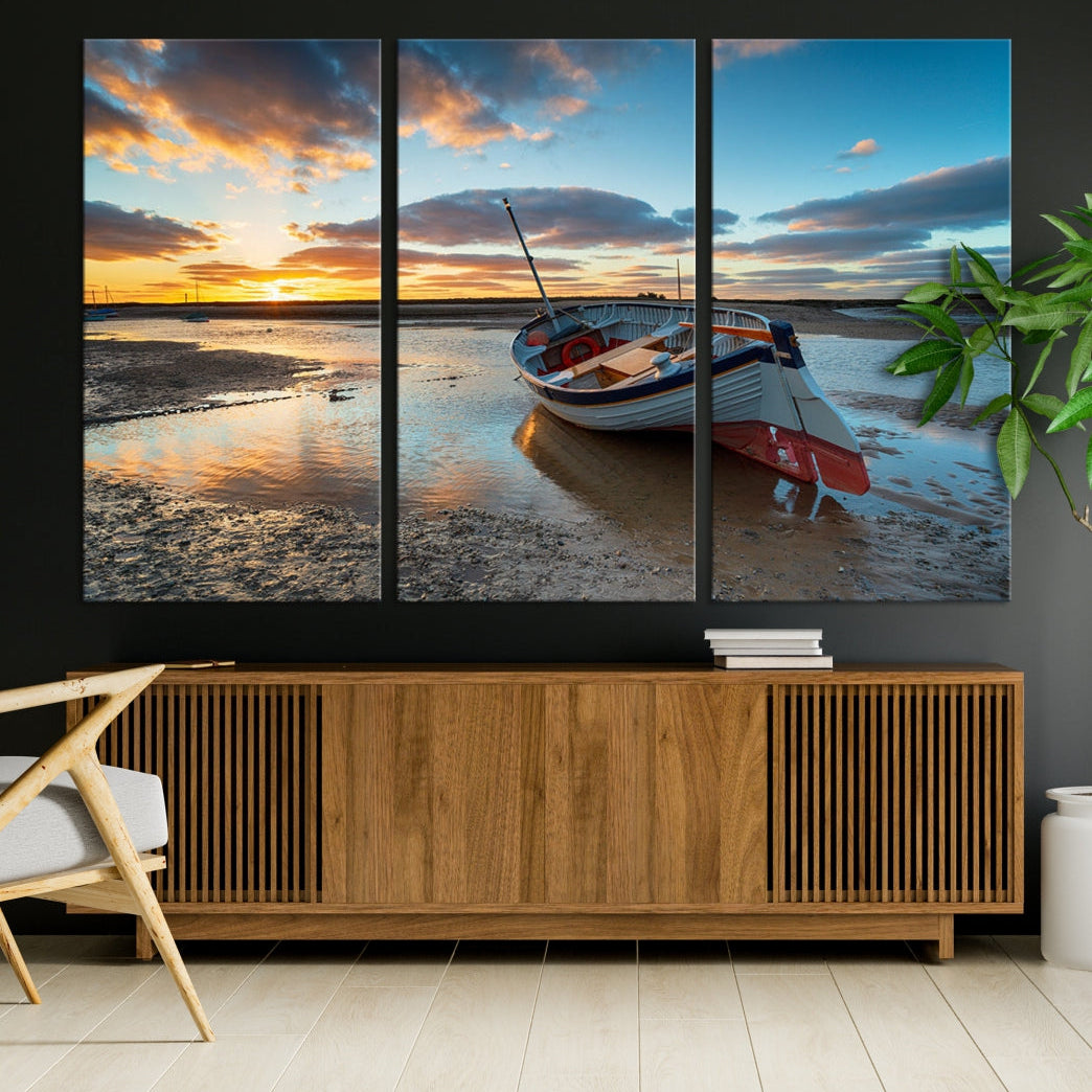 Small Boat At The Beach Sunset Wall Art Extra Large Canvas Print