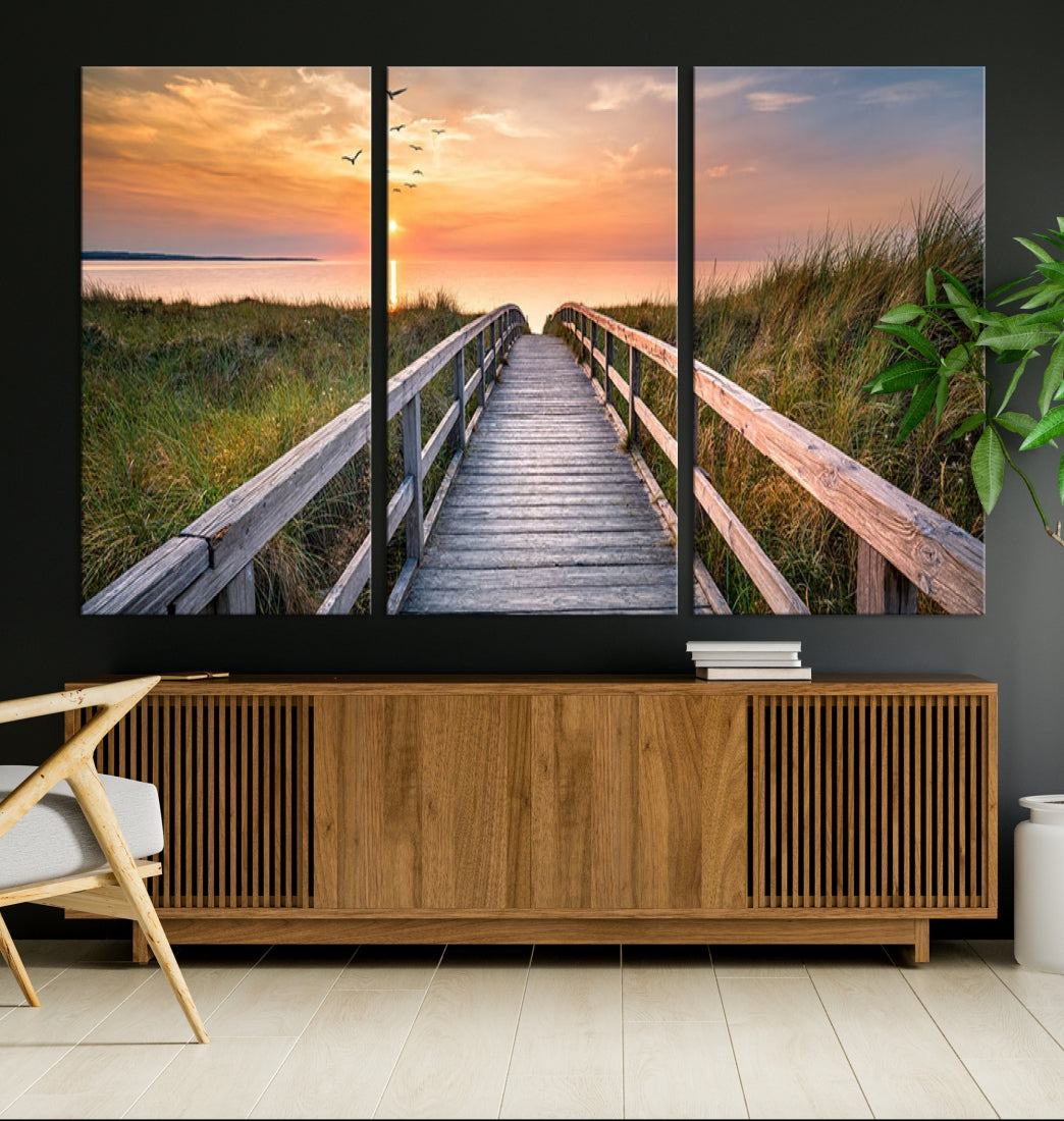 Sunset Lakeside Wooden Pier Framed Ready to Hang Large Wall Art Canvas Print