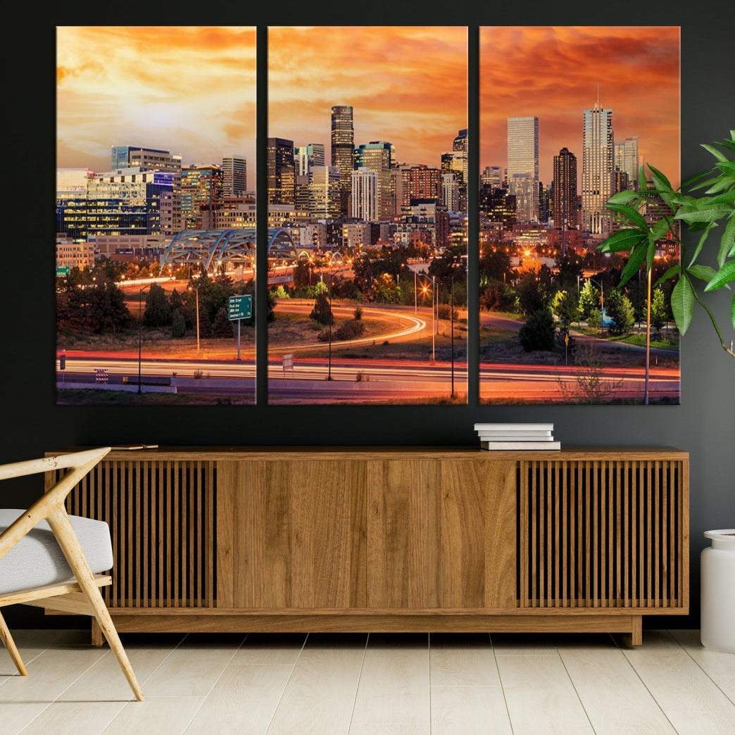 Denver Skyline Sunset Wall Art Framed Canvas Print Cityscape Wall Decor