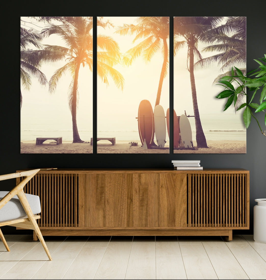 Bring a Piece of the Beach to Your Home with Our Large Canvas Wall Art Print of a Surfboard & Palm Tree - A Relaxing