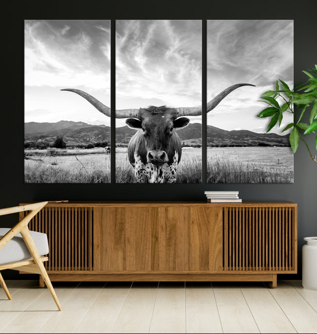 Bring the Spirit of Texas to Your Home with Our Bighorn Cow Long Horn Wall Art Canvas Print - A Rustic Decor Piece