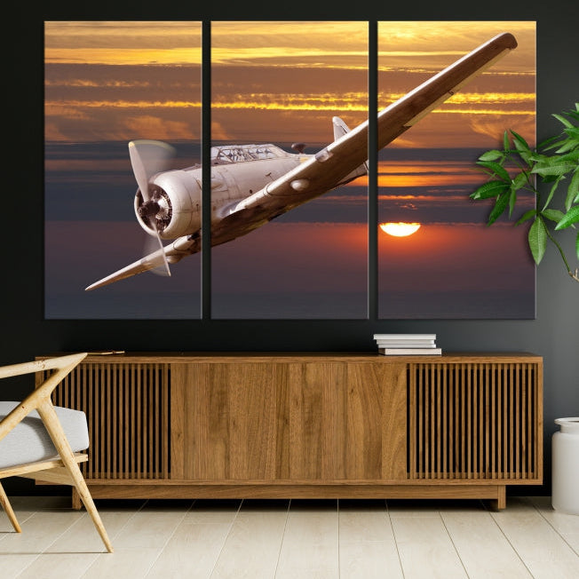 Large Aviation Wall Art Airplane on Sunset Canvas Print