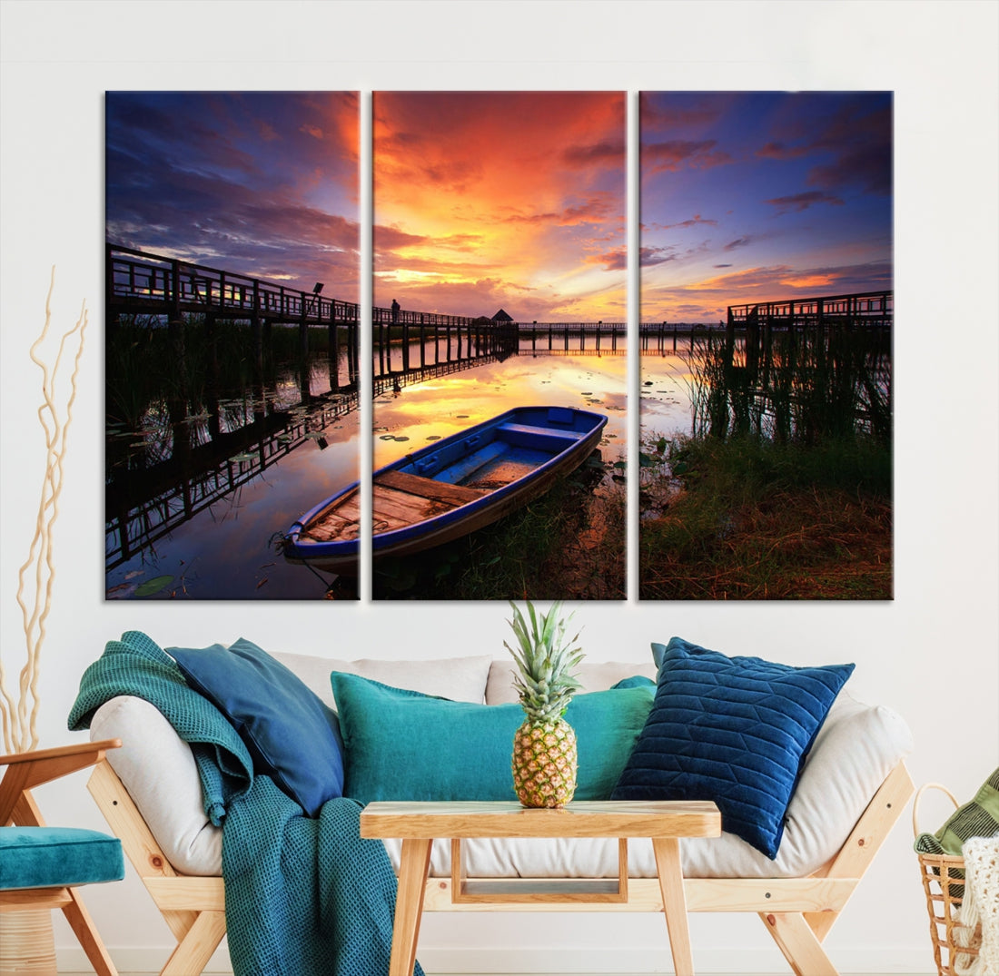 Serene Lake Boat Adventure at Sunset Wall Art Canvas Print