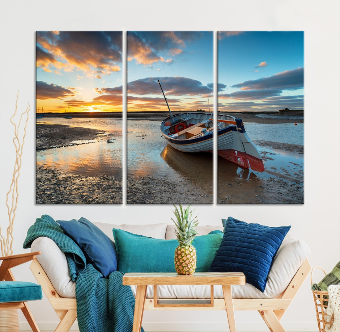Small Boat At The Beach Sunset Wall Art Extra Large Canvas Print