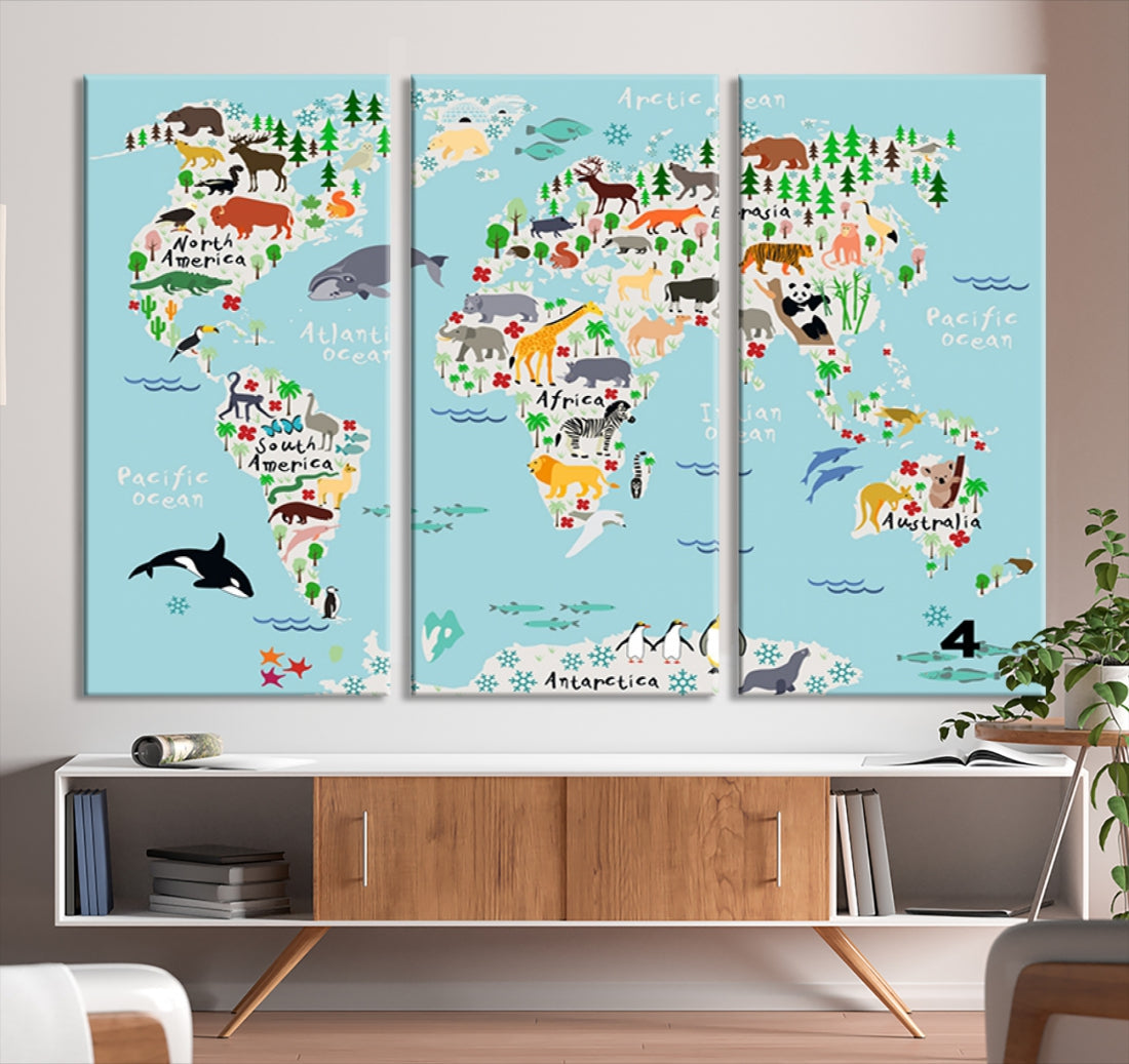 Animal Illustration World Map Canvas Print Framed Large Wall Art for School or Classroom
