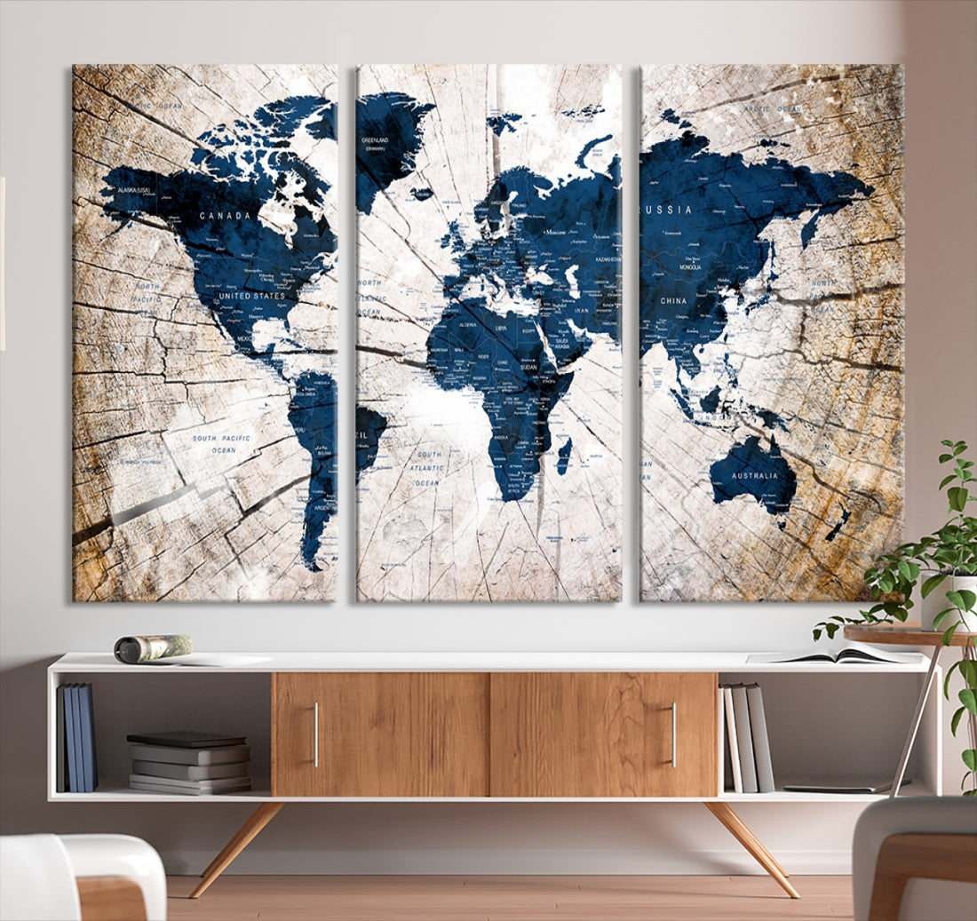 Navy Blue World Map Wall Art Canvas Print on Wood Texture Background