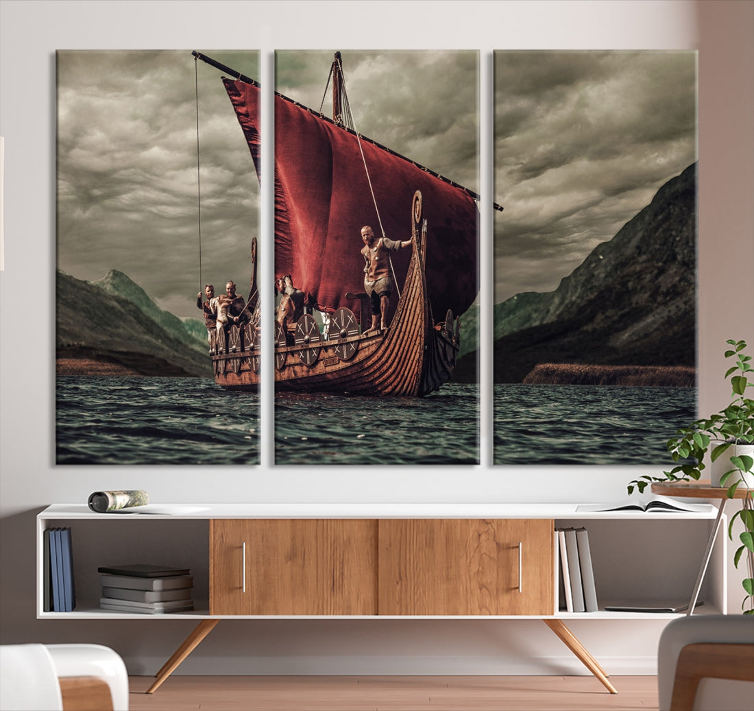 Large Old Vikings Ship Sailing Canvas Wall Art Print Nautical Art Wall Decor