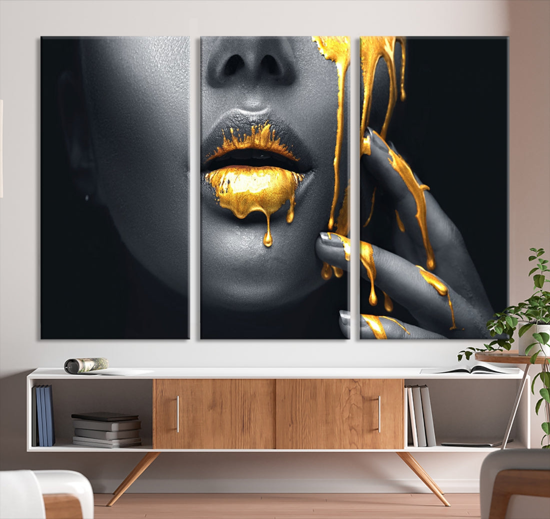 Gold Glitter Lips Makeup Photography Wall Art Canvas Print Black Sensual Artwork