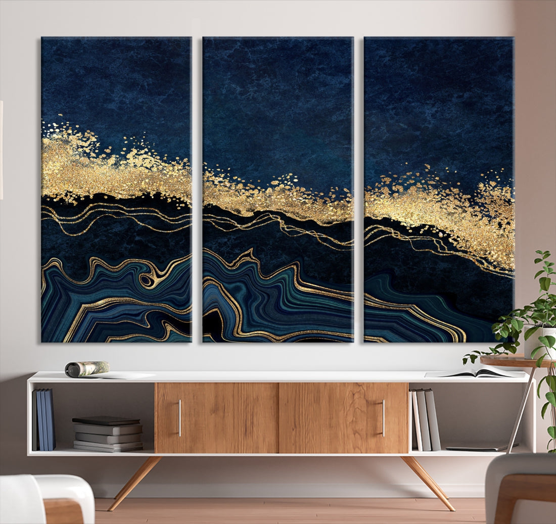 Navy Blue and Gold Modern Abstract Canvas Wall Art Giclee Print