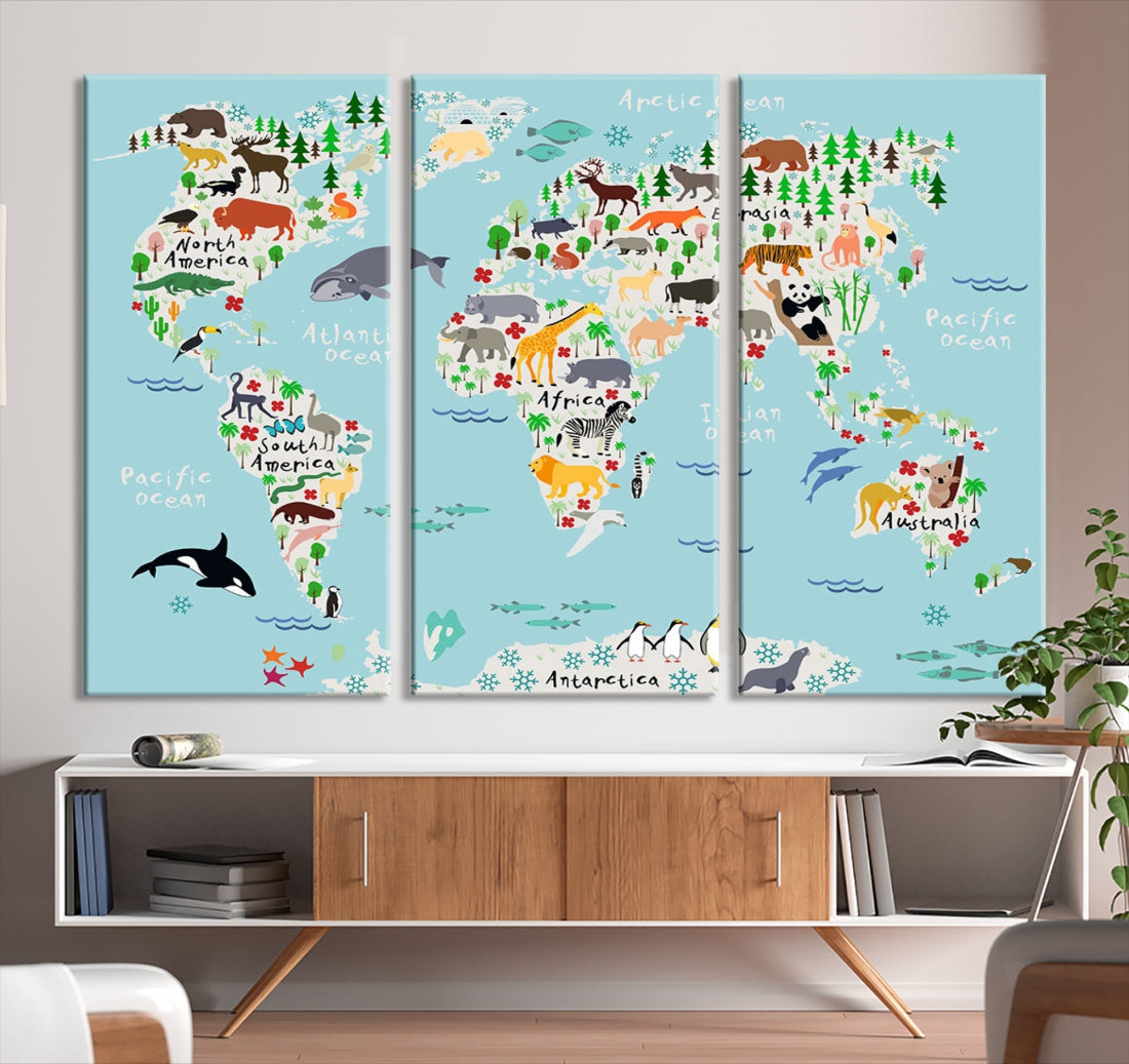 Animal World Map Wall Art Educational Wall Decor for Classroom School Kids Room