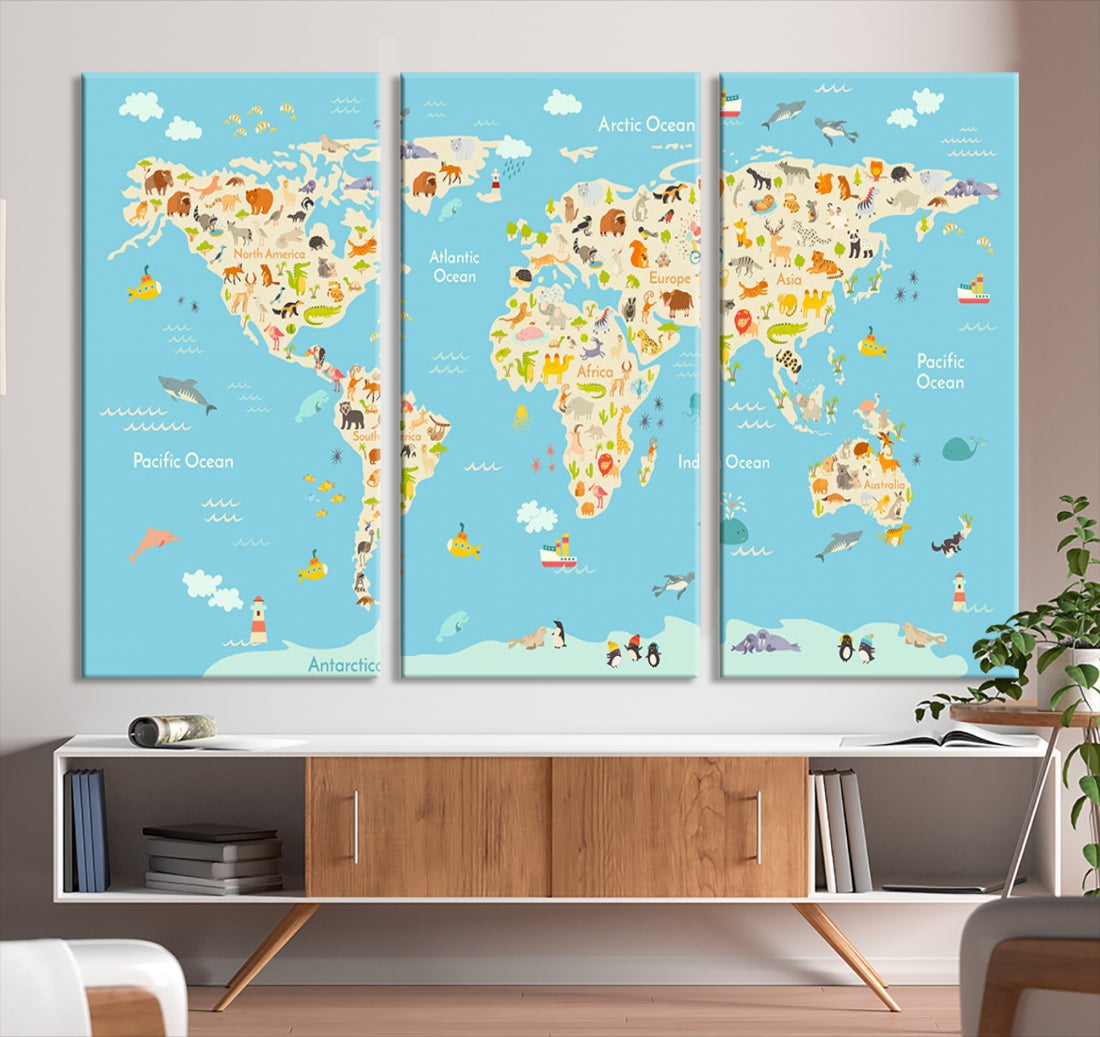 Animal World Map Canvas Wall Art Educational Print for Kids Room Wall Decor