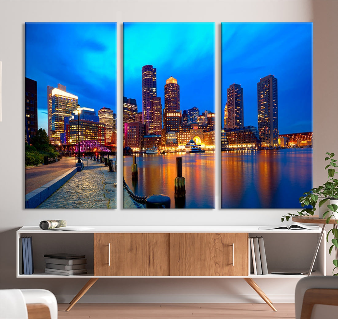 Bring the Charm of the Boston City Night Skyline to Your Home with Our Large Blue Cityscape View Canvas Wall Art Print