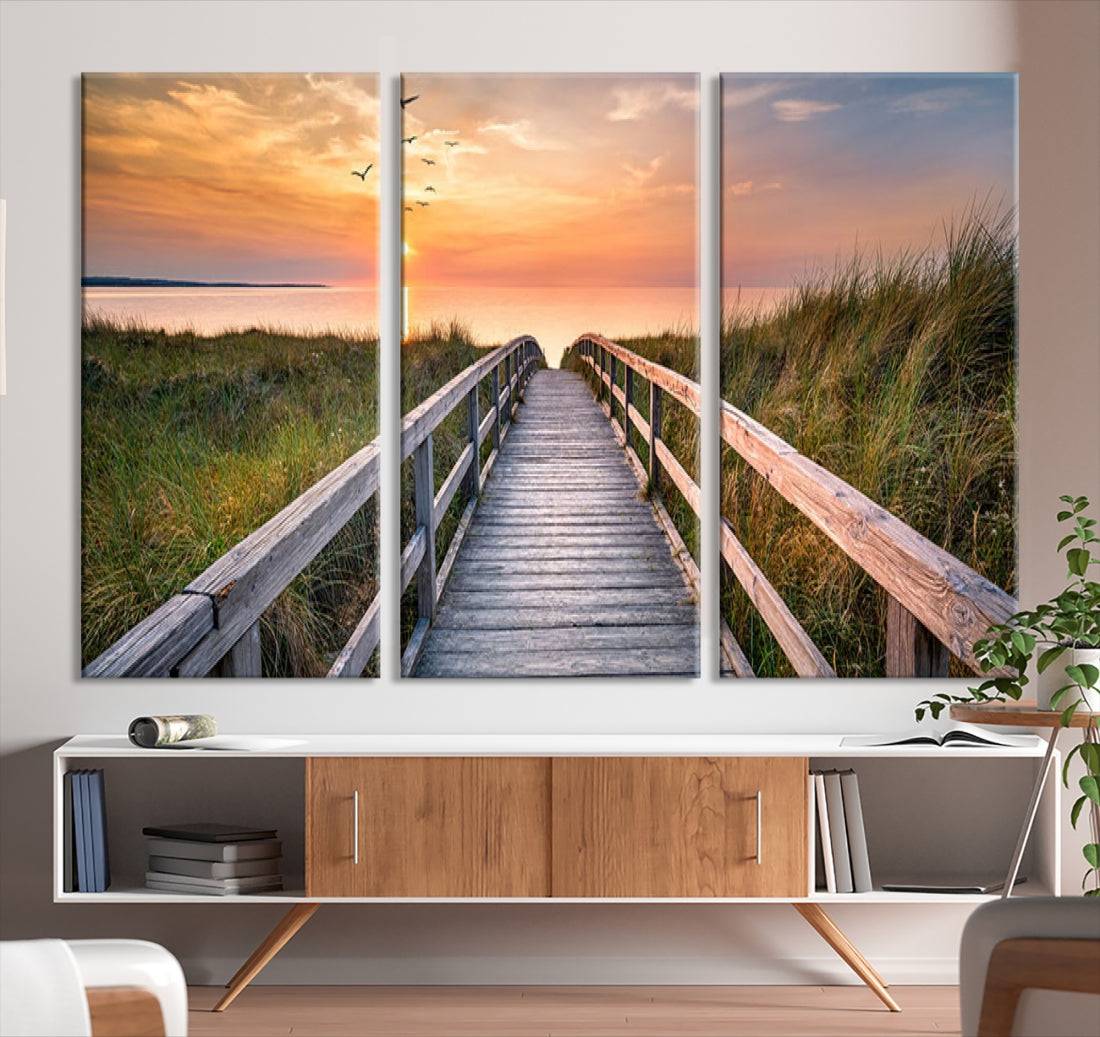 Sunset Lakeside Wooden Pier Framed Ready to Hang Large Wall Art Canvas Print