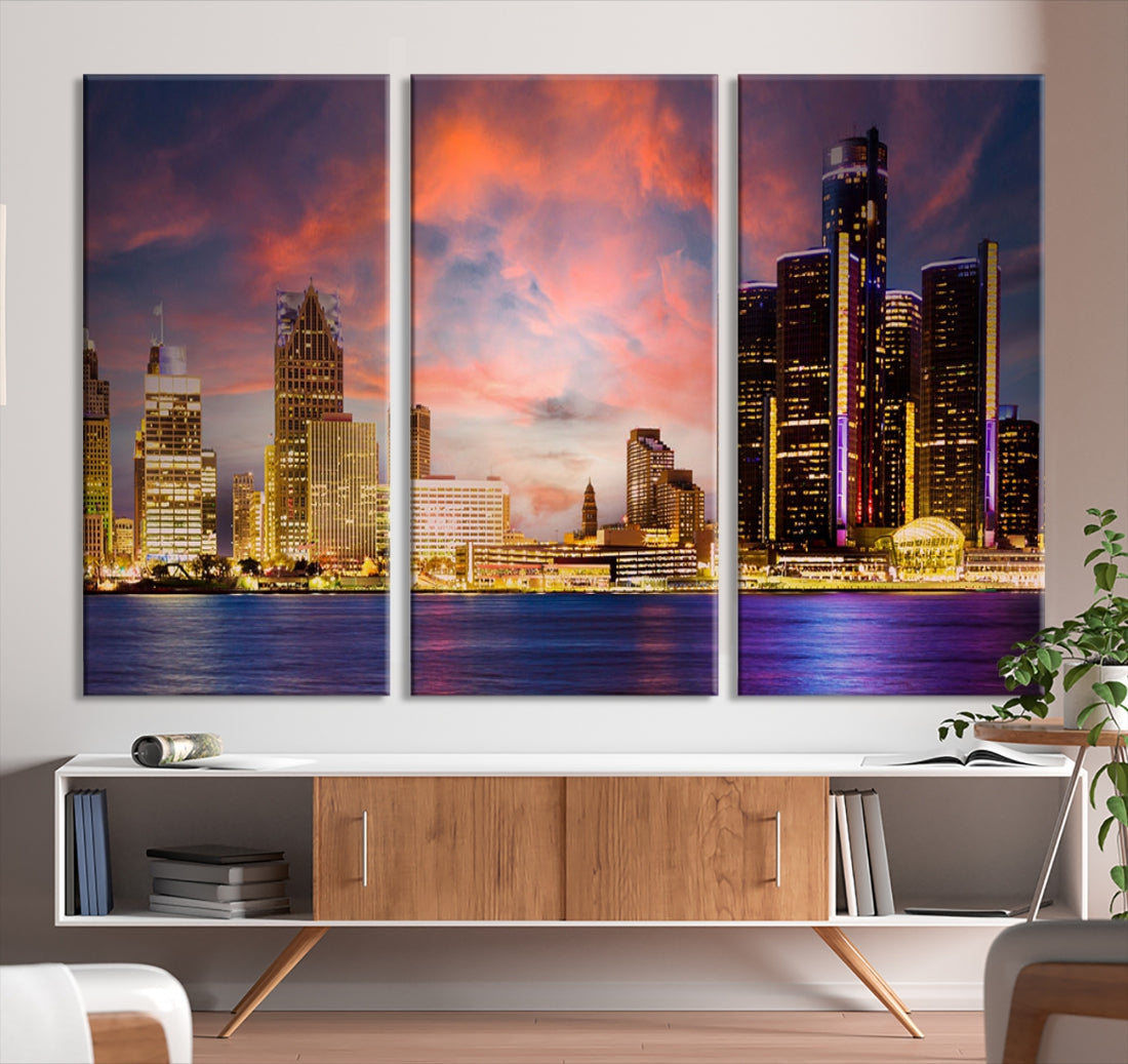 Detroit Cityscape Photography Red Sunset Skyline Wall Art Canvas Print