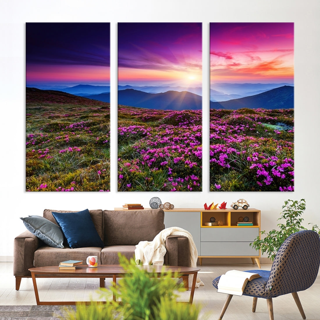 Large Wall Art Landscape Canvas PrintPurple Flowers and Mountains Behind at Sunset