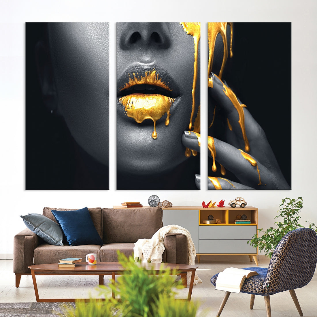 Gold Glitter Lips Makeup Photography Wall Art Canvas Print Black Sensual Artwork
