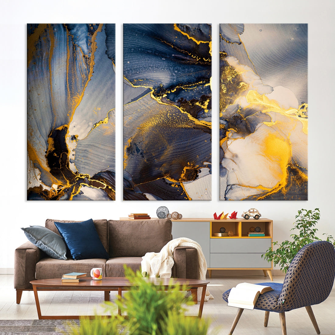 Blue and Gold Marble Modern Abstract Canvas Wall Art Giclee Print