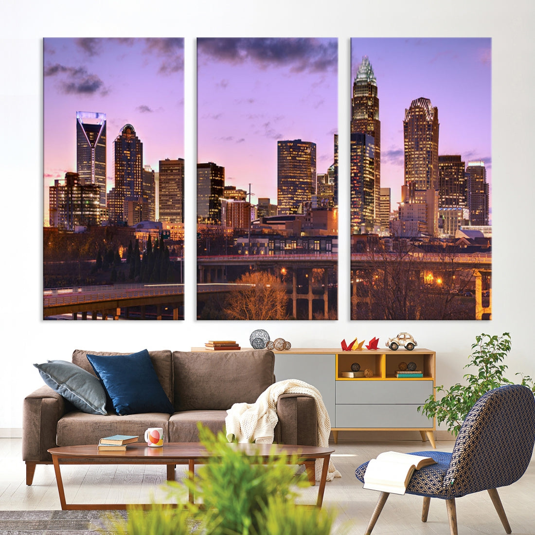 Charlotte City Purple Skyline Sunset Wall Art Cityscape Canvas Print