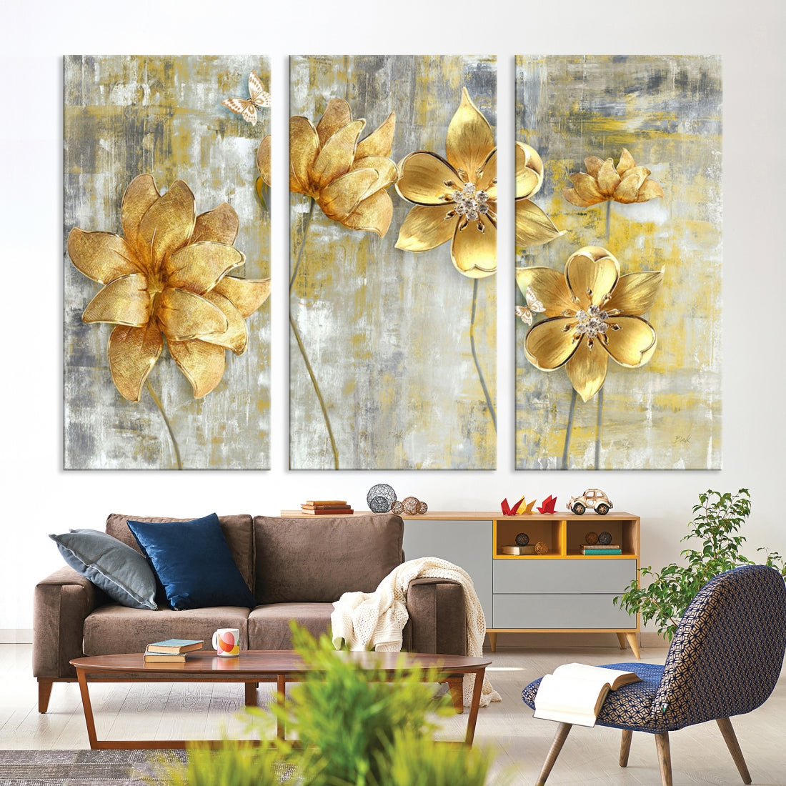 Large Golden Flowers Painting on Original Canvas Print Framed Wall Art