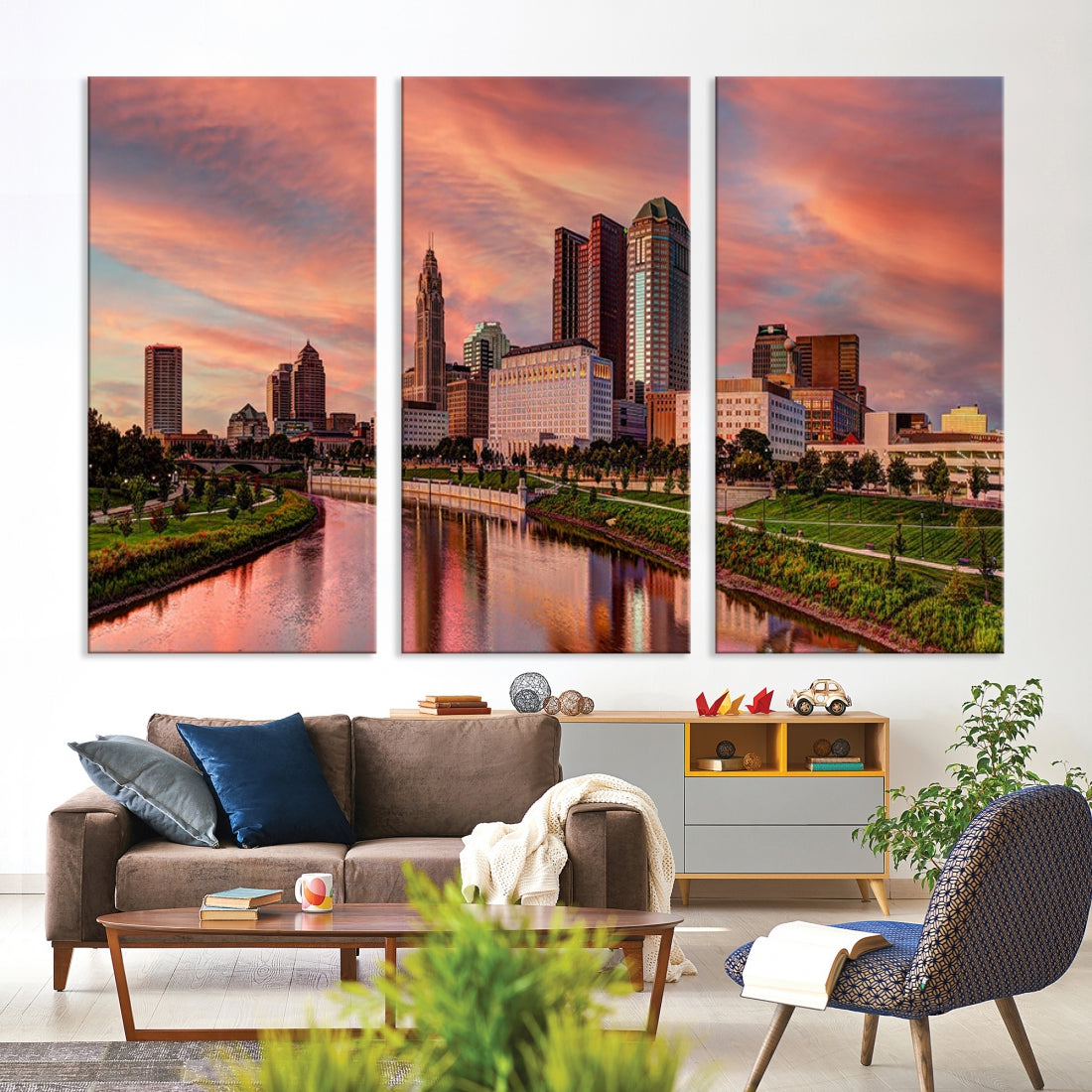 Columbus Downtown Orange Cloudy Sunset Skyline Cityscape Large Wall Art Print
