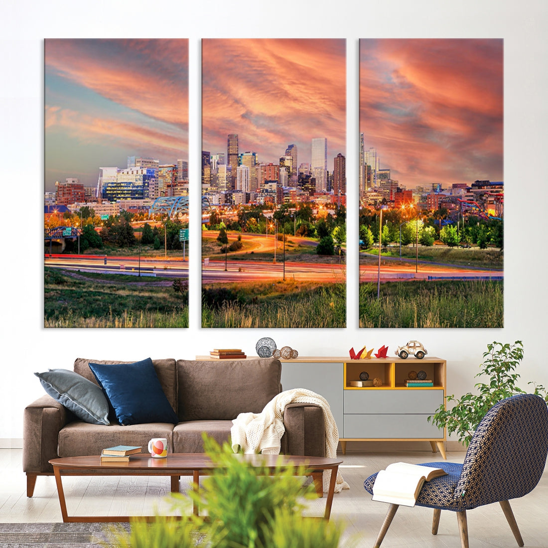 Denver Downtown Sunset Skyline Large Wall Art Canvas Print