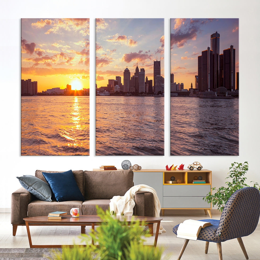 Fascinating Sunrise Detroit Skyline Cityscape Large Wall Art Canvas Print