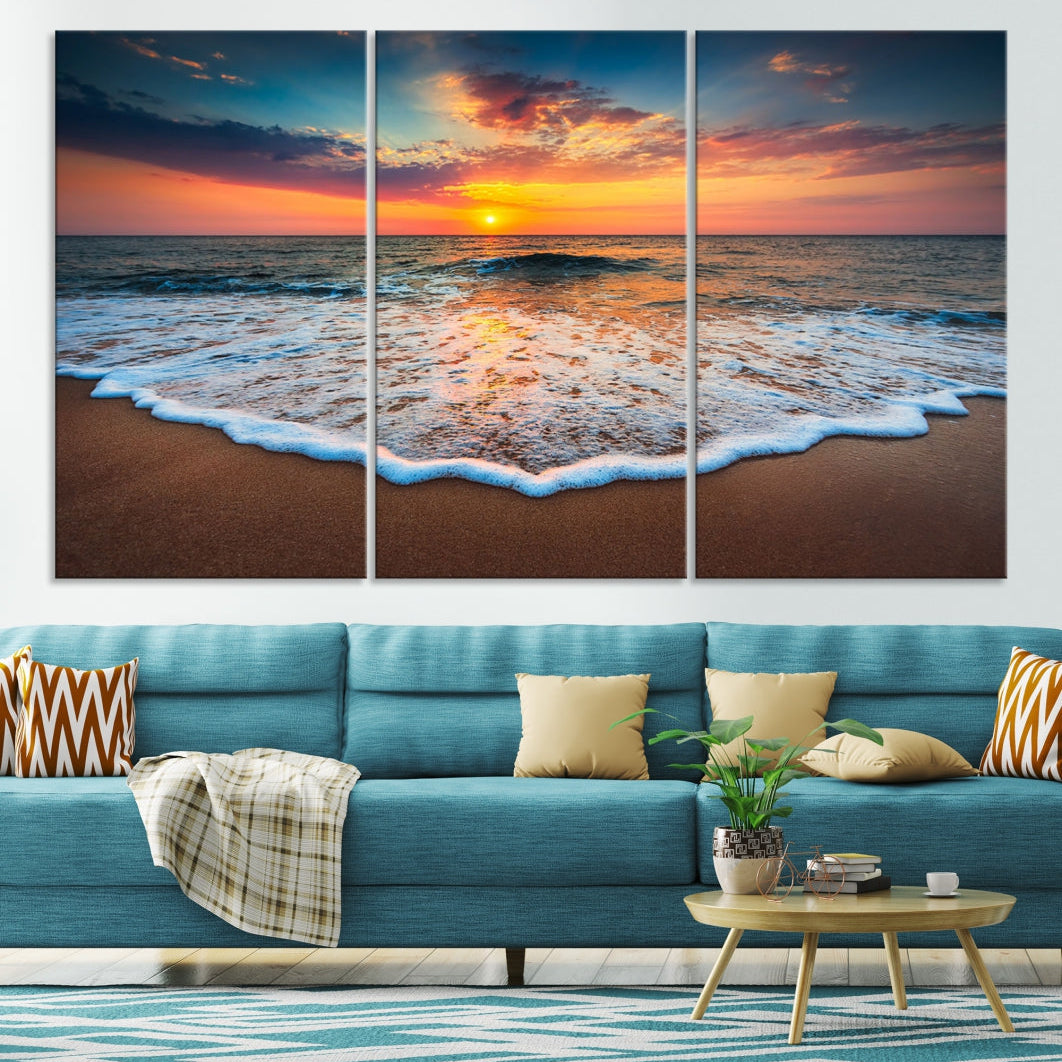 Sunset with Calm Waves on the Beach Extra Large Canvas Wall Art Giclee Print